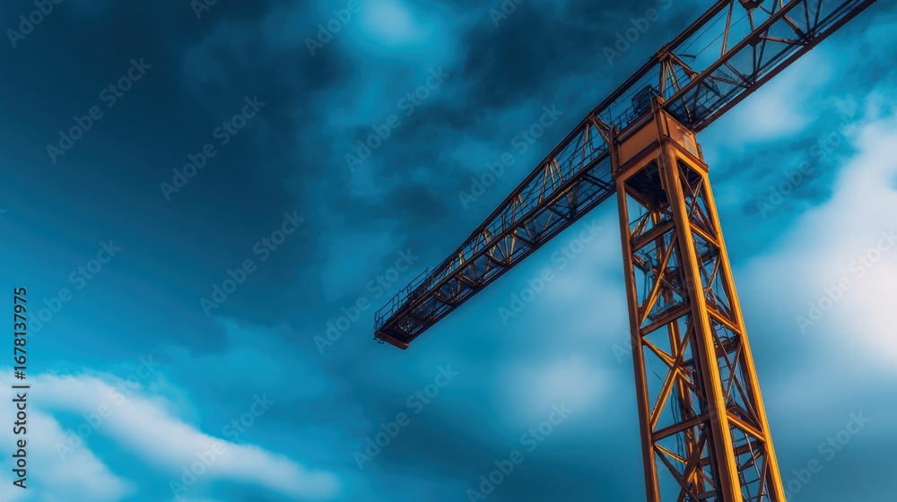 A towering construction crane against a dramatic sky, symbolizing urban development and progress A towering construction crane against a dramatic sky, symbolizing urban development and progress