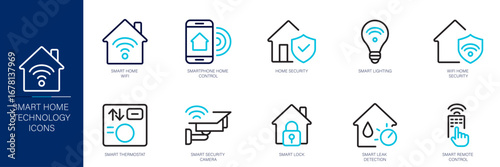 Smart Home Technology Blue Colored Outline Icon Set