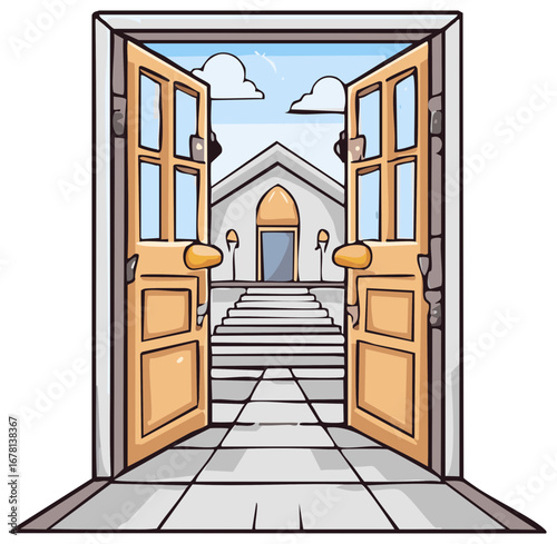 Cartoon illustration of open doors leading to a building and blue sky