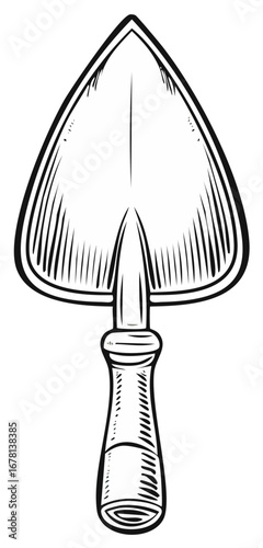 Hand drawn illustration of a gardening trowel for use in horticulture. Detailed artwork