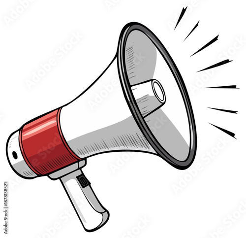 Illustration of an isolated white megaphone with red accent and sound waves emitting