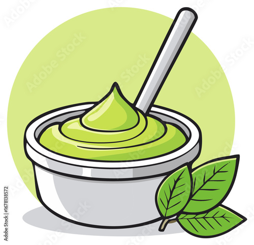 Bowl of fresh green dip or sauce with a spoon and leaves vector cartoon illustration