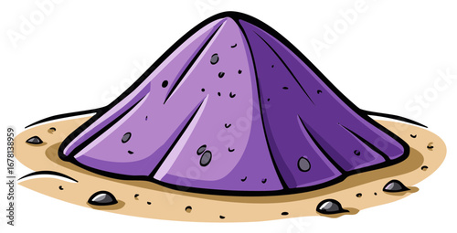 Pile of purple sand with scattered pebbles on a light sandy surface