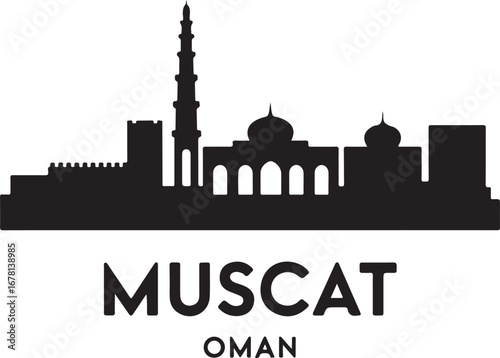 Muscat Oman skyline horizontal banner vector illustration, black city silhouette on white background