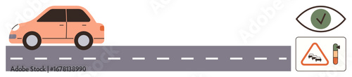 Car on a road near a caution sign and safety checklist icon promoting traffic safety. Ideal for transportation, safety awareness, road safety, driving tips, education, car insurance, accident