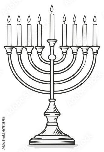 Vector Outline Hanukkah Menorah with Nine Lit Candles Jewish Festival of Lights Celebration