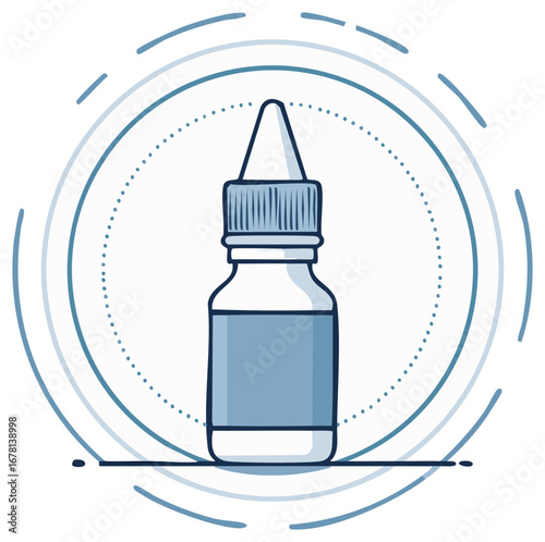 Blue eye drop bottle with abstract circular graphic illustration