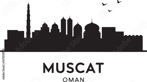 Muscat Oman skyline horizontal banner vector illustration, black city silhouette on white background