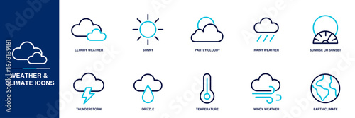 Weather and Climate Blue Colored Outline Icon Set