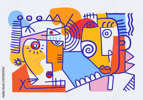 Face portrait abstraction doodle. geometric and shapes wall art vector illustration design. Abstract woman, man silhouette cubism.