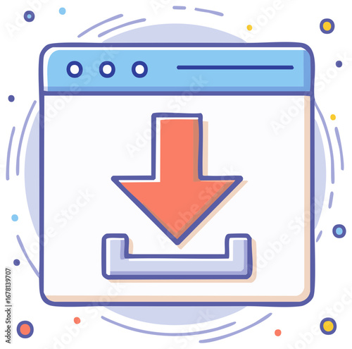 Modern web browser interface with red download arrow doodle art for digital content transfer and data download