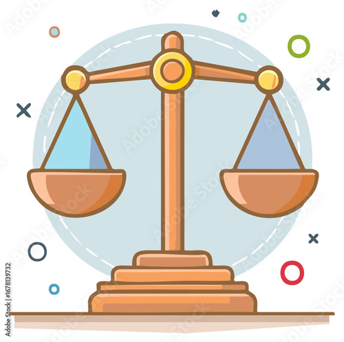 Traditional golden balance scale illustration representing law equality and measurement concepts