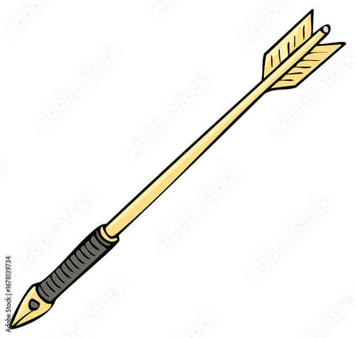 Hand Drawn Golden Arrow Illustration with Detailed Fletching and Pointed Tip