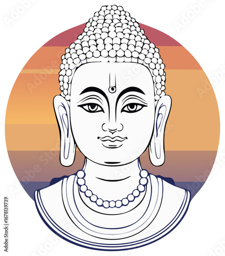 Line Art of Buddha Head with Sunset Circle Backdrop Spiritual Enlightenment and Calm Serenity
