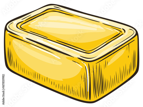 Hand-drawn illustration of a yellow bar of soap, clean and fresh, isolated