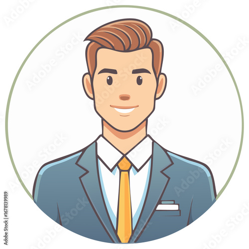 Cartoon Businessman Illustration Portrait, Professional Appearance in Round Frame
