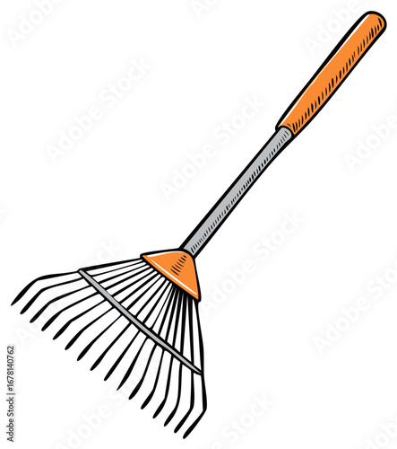 Garden Leaf Rake with Orange Handle Cartoon Style Illustration Tool for Yard Work
