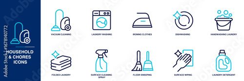 House and Chores Blue Colored Outline Icon Set