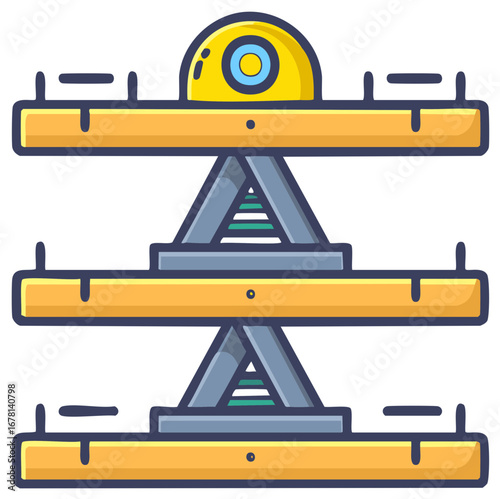 Illustration of a mechanical device with platforms, triangles, and a yellow dome for engineering or technical designs.