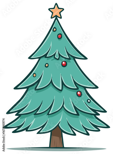 Whimsical cartoon Christmas tree with a golden star and colorful holiday ornaments