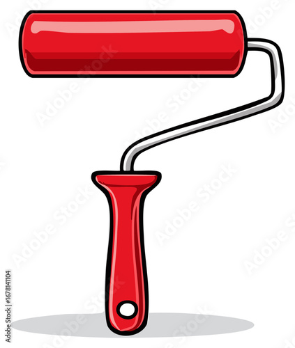 Bright red paint roller with a silver metal frame and a comfortable grip