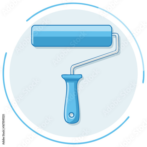 Roller painting tool vector illustration, house repair, construction, renovation equipment item and blue paint isolated over white circle.