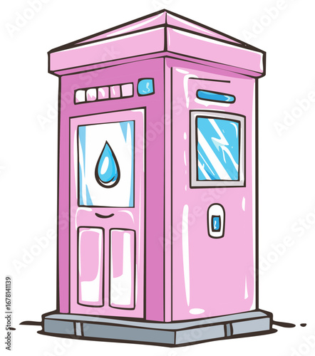 Cartoon illustration of a pink water purification kiosk, showing water droplet icon and windows.