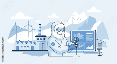 Illustration featuring sustainability expert analyzing data near renewable energy plant