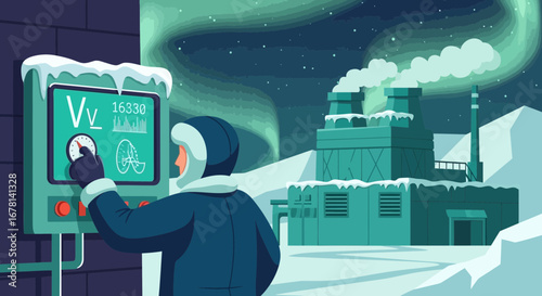 Winter Industrial Control Panel Operation Under Aurora Borealis Landscape