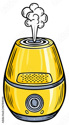 Yellow humidifier with steam emitting from the top, isolated on white.