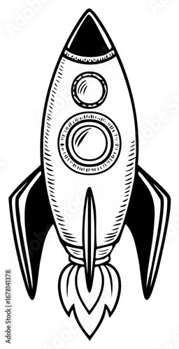 Retro rocket ship vector illustration, black and white, space concept.