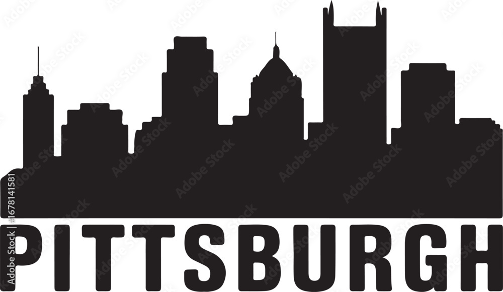 Fototapeta premium Pittsburgh skyline vector illustration with famous landmarks, black city silhouette on white background for travel and business design