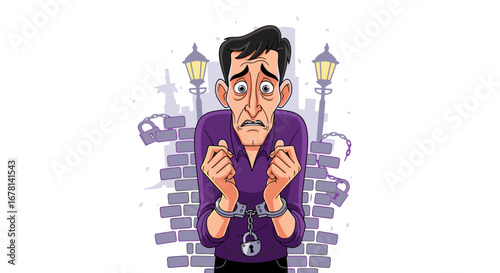 A distressed man in handcuffs stands against a brick wall with chains and padlocks, symbolizing restriction and fear.