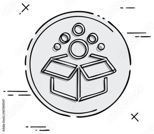 Doodle style open box icon releasing abstract circles, symbolizing product unboxing or creative ideas.