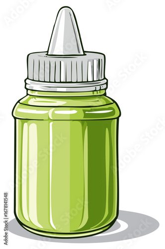 Green glass bottle with a silver applicator and cap isolated on white
