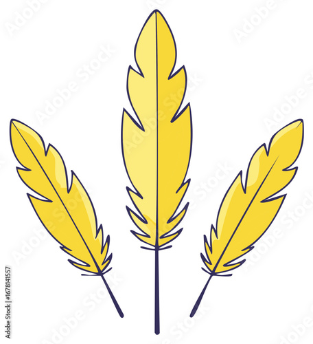 Illustration of three stylized yellow feathers with dark outlines, arranged aesthetically.