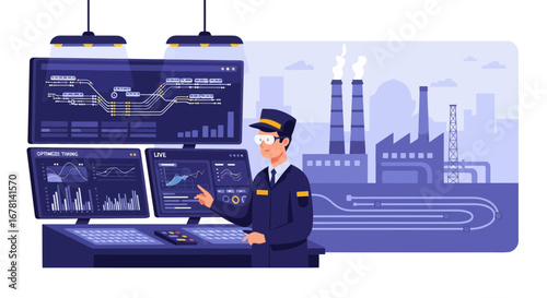 Control room operator overseeing industrial processes via digital dashboards