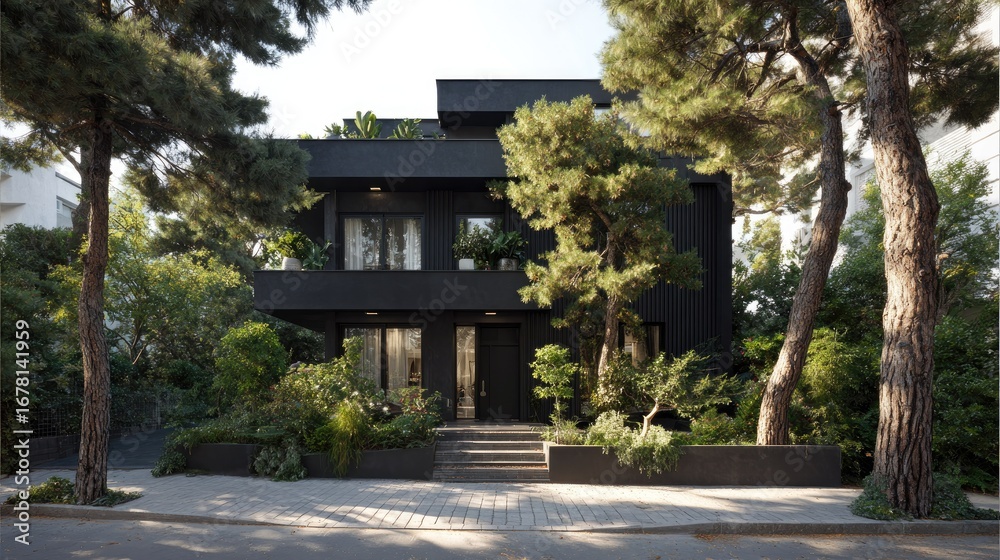 Obraz premium Modern black house with lush greenery.