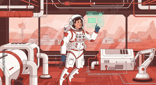 Astronaut operating futuristic console within a martian habitat illustration