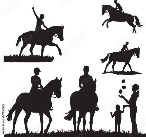 Silhouettes of People Horseback Riding – Equestrian Vector Set