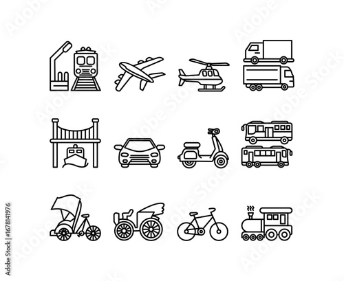 Transport outline icon set including airplane, helicopter, train, locomotive, bus, car, truck, ship, ferry, scooter, bicycle, rickshaw and bridge. Ideal for travel apps, maps, logistics, and more
