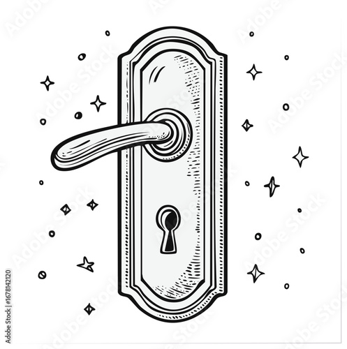 Door handle mechanism etching style illustration with stars circles and keyhole