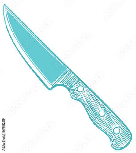 Illustration of a kitchen knife with a wooden handle in blue monochrome style for design elements and food related concepts