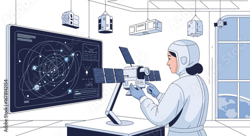 Female astronaut operates satellite model in cleanroom laboratory with display
