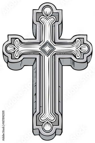 Detailed illustration of a religious cross with decorative elements in grayscale