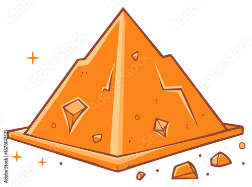 Ancient Golden Pyramid with Sparkling Gems and Cracks Cartoon Illustration