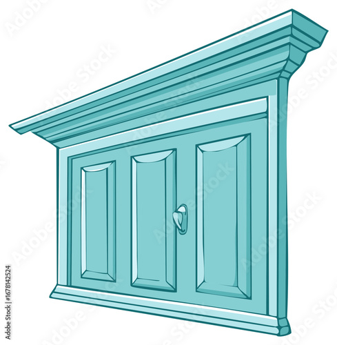 Illustrated vintage teal wall cabinet with three panel doors and classic molding in a clean cartoon style