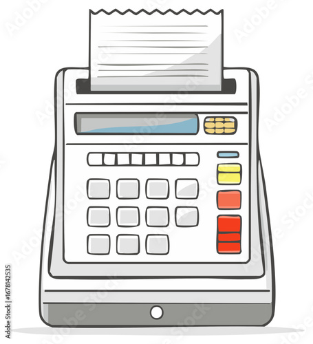 Stylized cartoon illustration of a modern cash register with receipt paper and a keypad