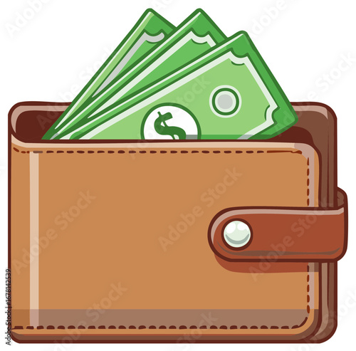 Leather wallet stuffed with green paper currency bills and dollar symbol illustration