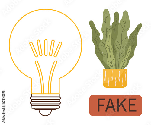 Light bulb symbolizes innovation, plant reflects nature, and fake label suggests artificiality. Ideal for creativity, sustainability, authenticity, innovation, design concepts, originality simple